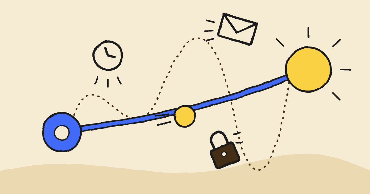 Ilustración: un camino punteado lleno de curvas del que se caen un reloj, un sobre y un candado, y encima una línea azul directa por la que avanza una moneda hacia un sol amarillo.